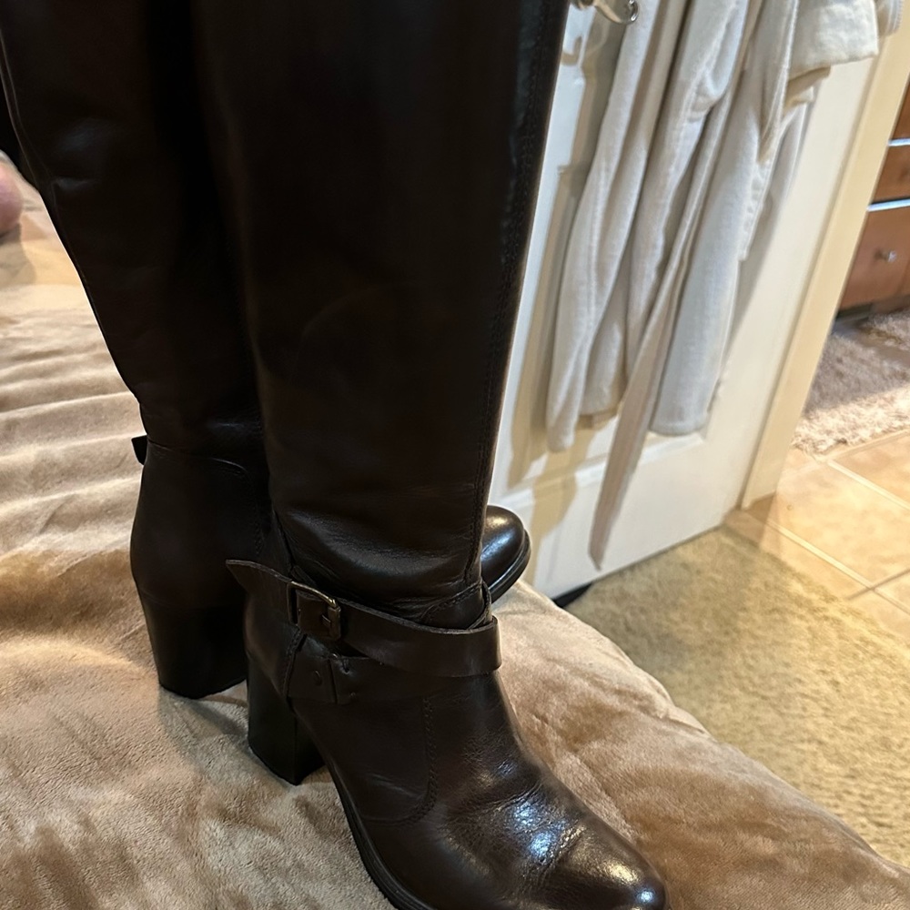 Aldo boots.  Size 7.  Dark brown leather tall 2 buckles - Picture 2 of 11